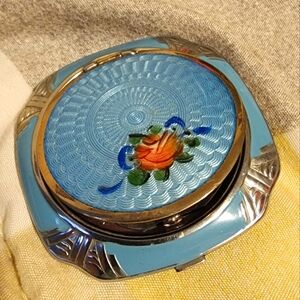 ART DECO SILVER GUILLOCHE ENAMEL EVANS MAYFAIR COMPACT UNUSED ROUGE